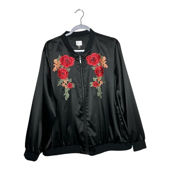 Cupio Jackets & Blazers - Cupio Jacket Womens 1X Black Satin Embroidered Floral Roses Boho Full Zip Topper